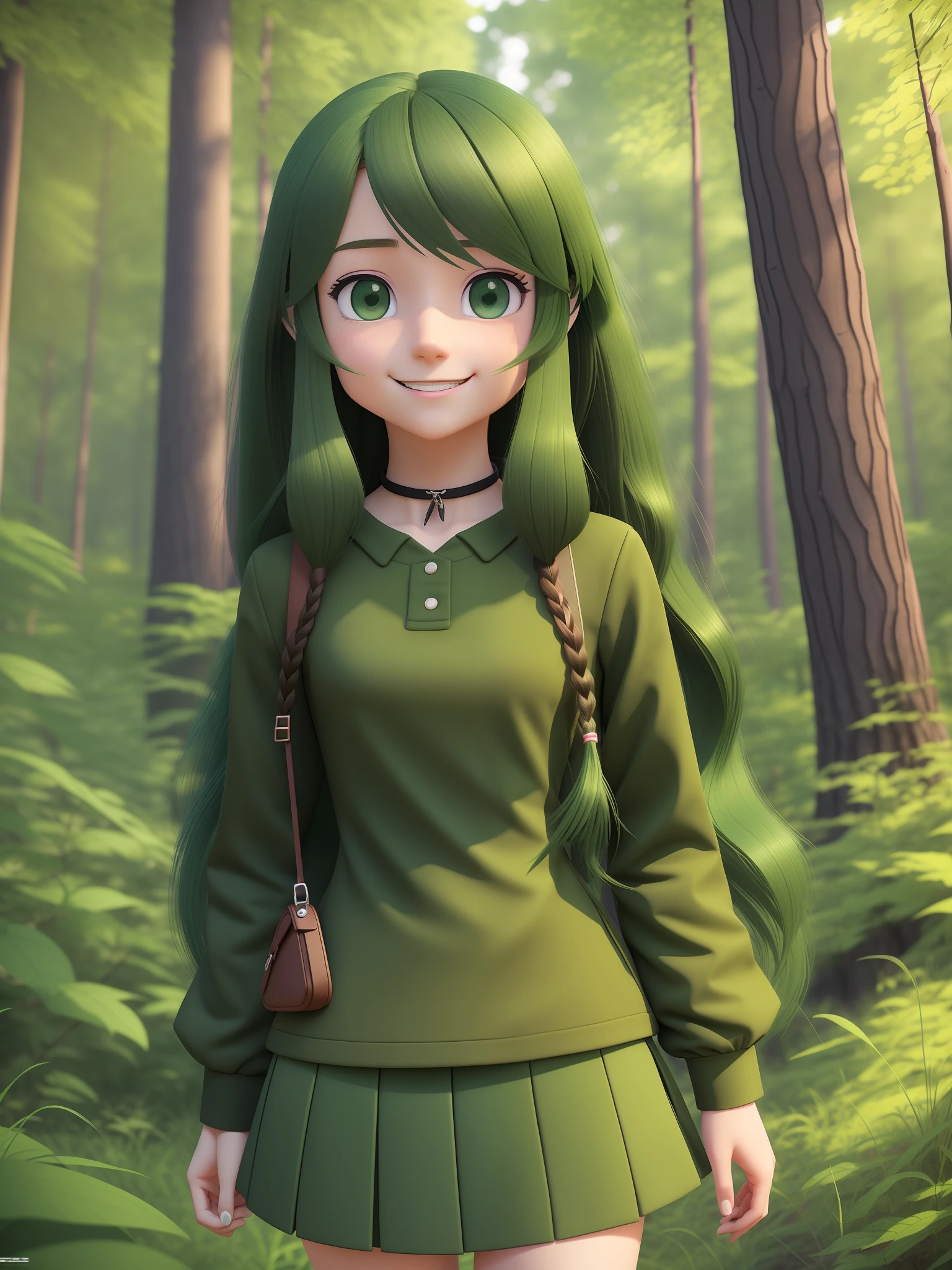 junges Mädchen, eine Zeichentrickfigur in dunkelgrüner Kleidung, ((Ausdruck wehmütig Lächeln)), ((lange Haare)), stilisierter Charakter, Zeichentrickfigur, stilisiertes 3D-Rendering, 3D Charakter, sehr detaillierter Charakter, stilisierter Anime, stilisiertes 3D, Zeichendarstellung, Charaktermodell, Closeup, (Maximale Qualität), Wandern im Wald