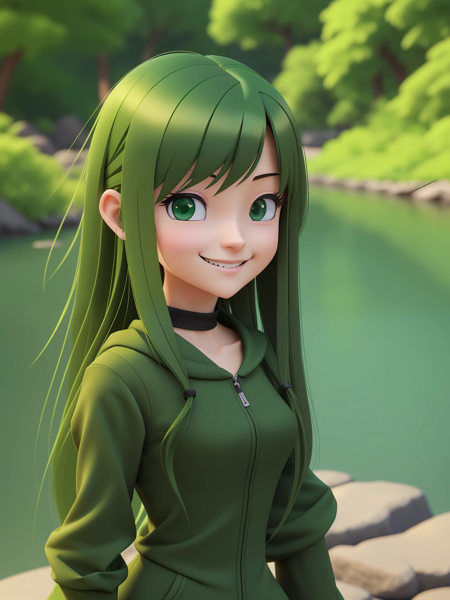 Young girl, a cartoon character in dark green clothes, ((wistful smile expression)), ((long hair)), stylized character, animation character, stylized 3d rendering, 3d character, highly detailed character, stylized anime, Stylized 3D, Character Rendering, Character Model, Closeup, (maximum quality), beside a river