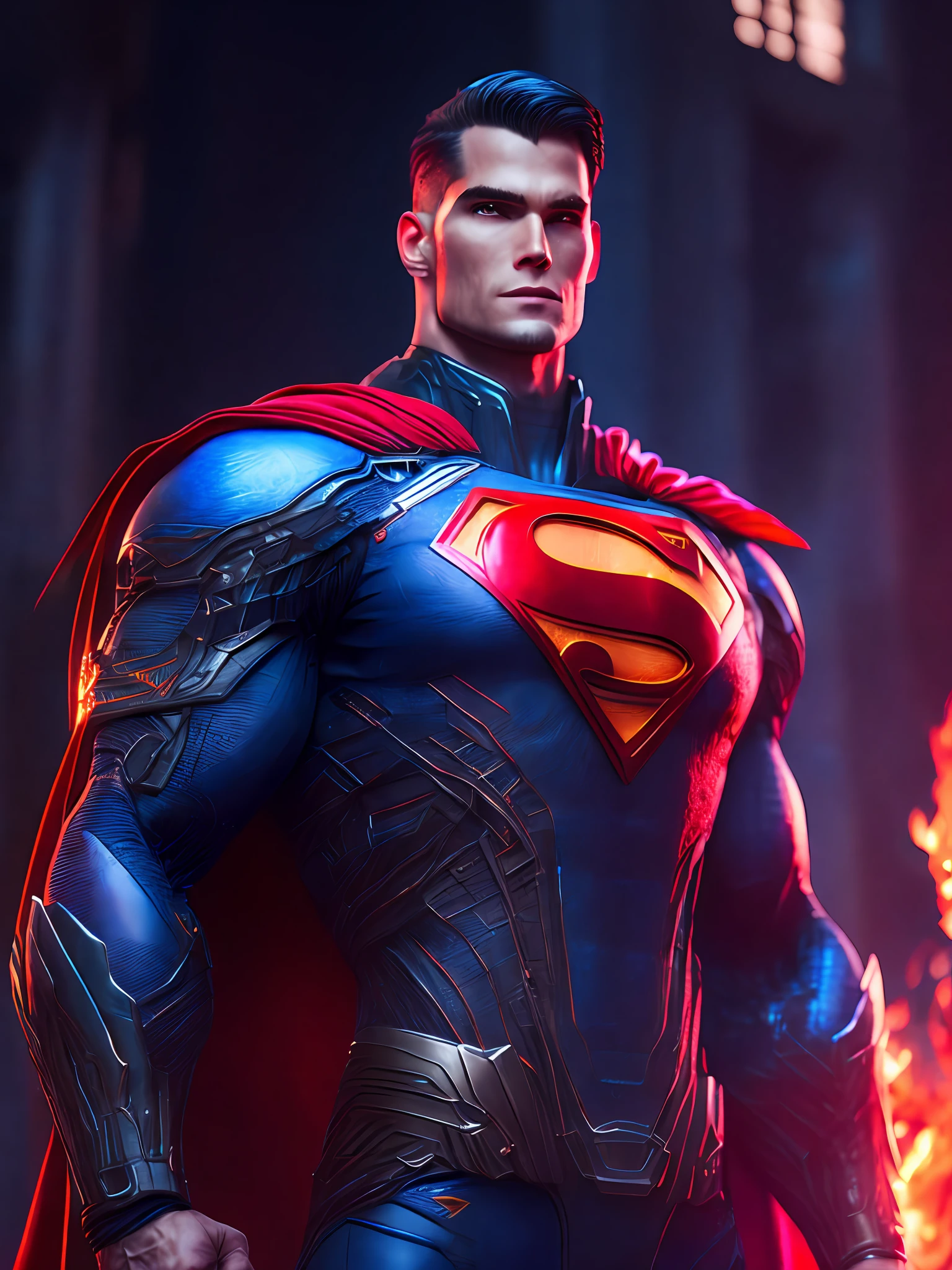 Portrait, Fire Superman from DC, biomechanical, complex robot, full ...