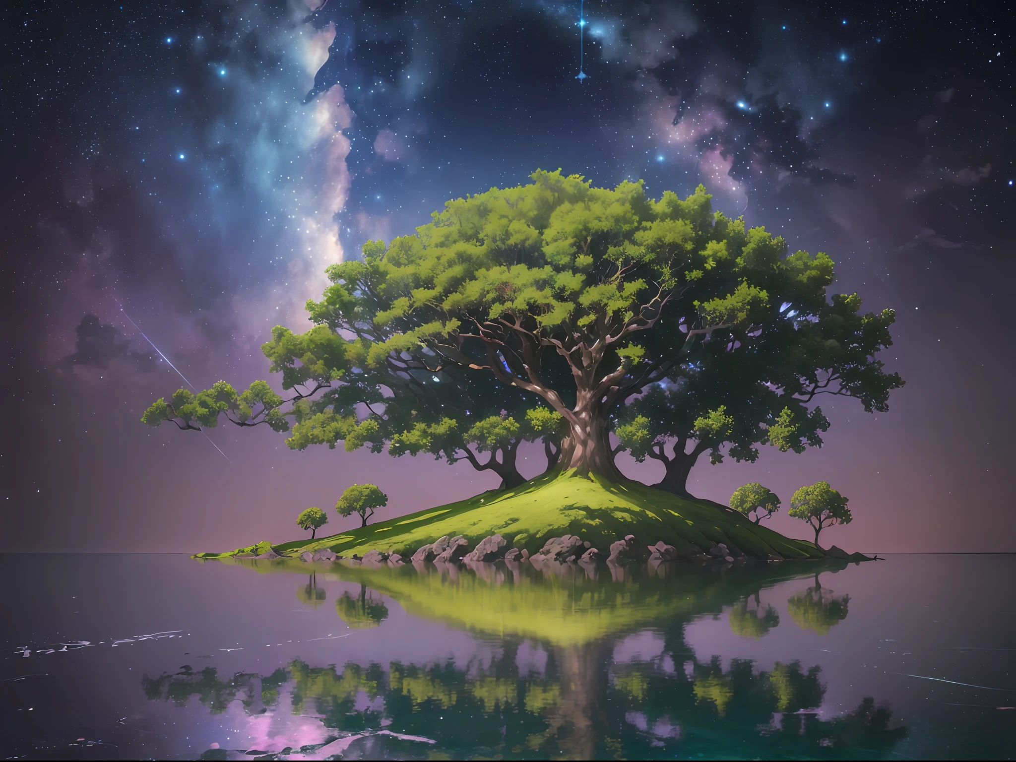 (一棵枝繁葉茂的大樹:1.2, 夜晚, 星星, 幻想), 漂浮的魔法島, 水無波, 長的, 突出的樹枝倒映在水面上,  夜空中的星星在水中的亮度 ( 1.2 由 Emb-Lua 提供 ), 圖像背景中可見的星座效應.