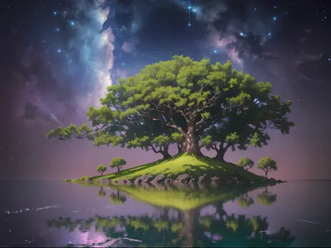 (a large leafy tree:1.2, noite, estrelas, fantasia), a floating magic island, water without waves, long, protruding branches ref...