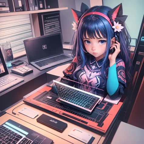 uma menina sentada em uma mesa olhando um laptop, Estilo de anime, cartoo --ar 16:9 --auto --s2