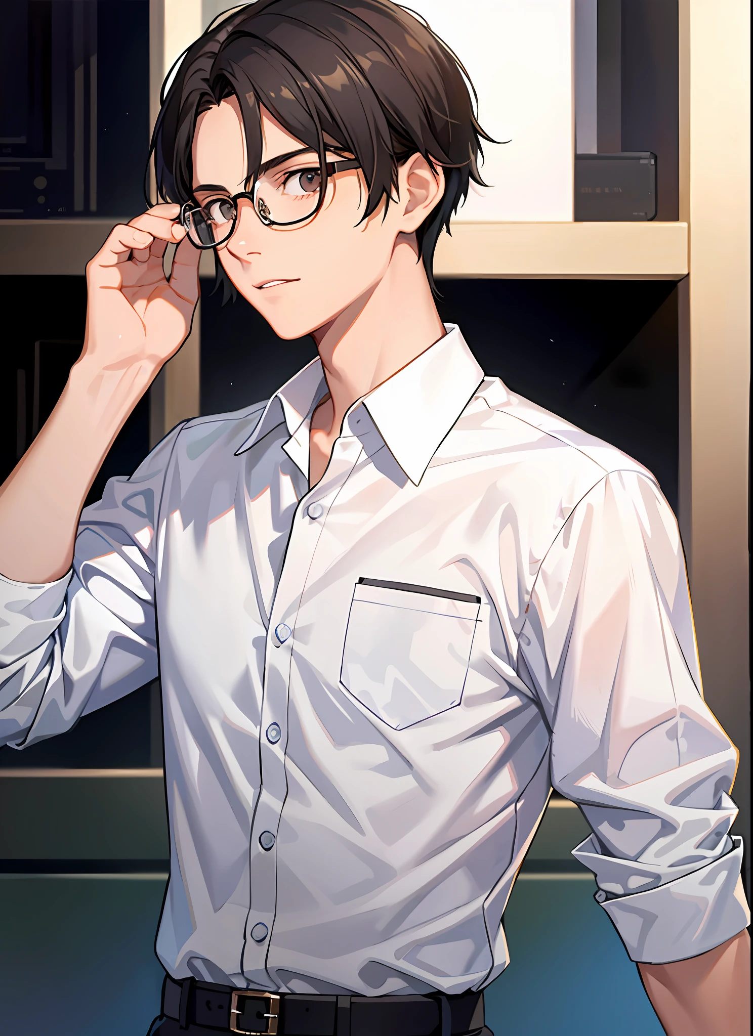 masterpiece, 1boy, male, 17 years old, medium length hair, dark hair, rectangular glasses, shirt, school, upper body,