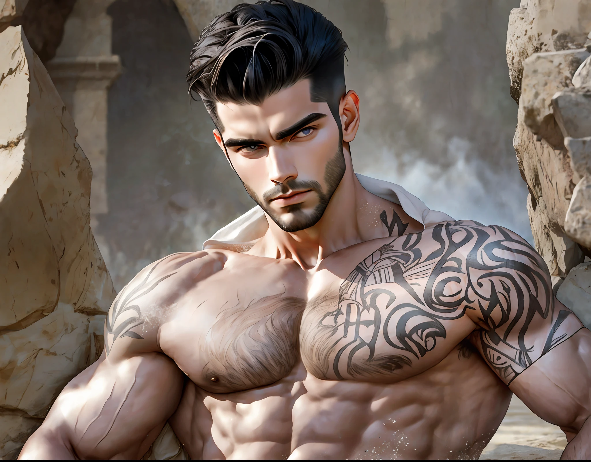 muscular man with short black hair quiff haircut , Super light gray eyes, male face with American features, greek god body, small waist, unclothed, shirtless, with a very small wet white boxer and a huge, gigantic lump underneath, inside ancient greek temple with flowers and quite a bit of fog around --auto --s2