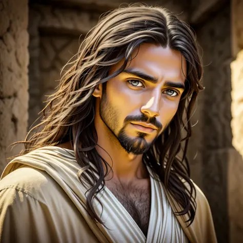foto de Jesus, in biblical times Jesus, Ambiente claro fotorrealista, rosto completo, looking at the Camera, olhos tranquilos, r...
