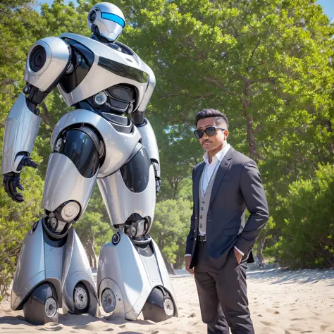 create an adult human looking at a robot on a beach on a sunny day. the robot is black and bigger than man. the man wears a gray...