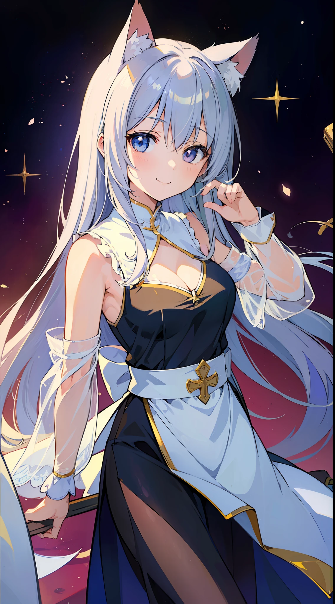 (MASTERPIECE)、(Top quality anime illustrations)、(ultra definition)、one girl、solo、Beautiful girl with silver hair、Anime Loli、Cat eared loli、See-through priest costume、Female Pope、Sleeveless、a smiling look、Cleavage emphasis、Lower milk emphasis、thights、Tarot card style、Female Pope