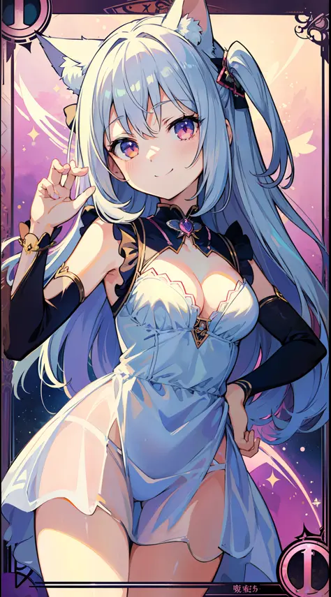 (MASTERPIECE)、(Top quality anime illustrations)、(ultra definition)、one girl、solo、Beautiful girl with silver hair、Anime Loli、Cat eared loli、See-through costumes、Devil Girl、Sleeveless、a smiling look、Cleavage emphasis、Lower milk emphasis、thights、Tarot card st...
