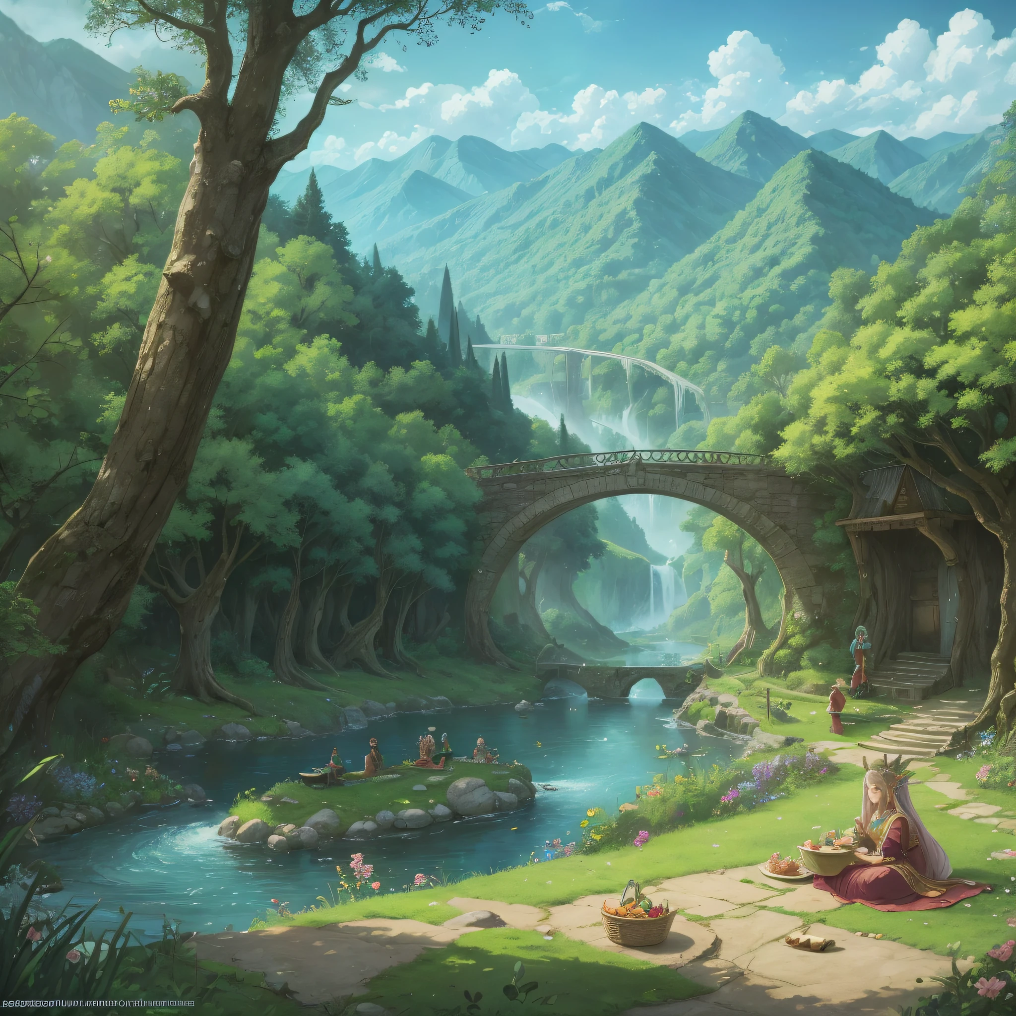 In a forest with many exotic plants grows a village where the lovely elven lord and her good friends live and they have a pleasant picnic, and there is a river in the distance where you can see the distant mountains, sky and clouds. Design and draw the picture according to the color and material representation of the scene in the movie "Troll" --auto --s2