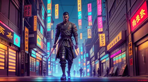 a man in a samurai outfit walking down a street at night, samurai cyberpunk, Samurai Neon, samurai cyberpunk muito bonito, Retra...