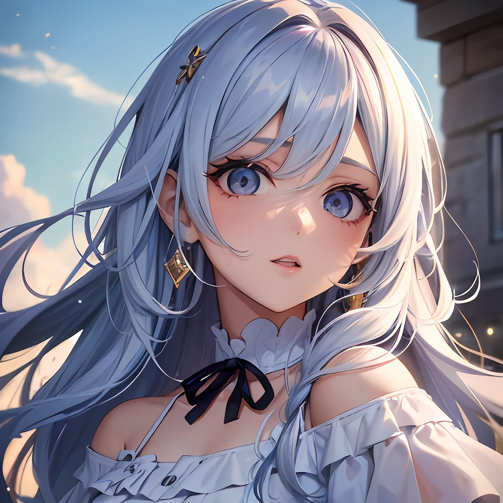 Anime girl with long white hair and blue eyes in front of a building -  SeaArt AI