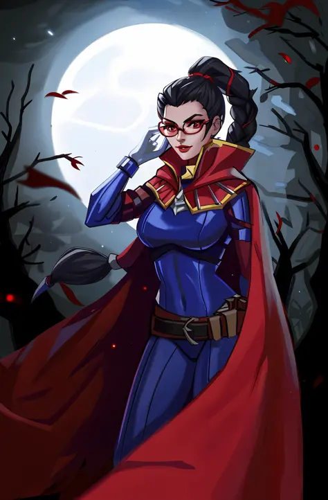 vayne \(league of legends\), league of legends, 1 mature female, red glasses, red cape, red eyes, white skin, gray gloves, brown...