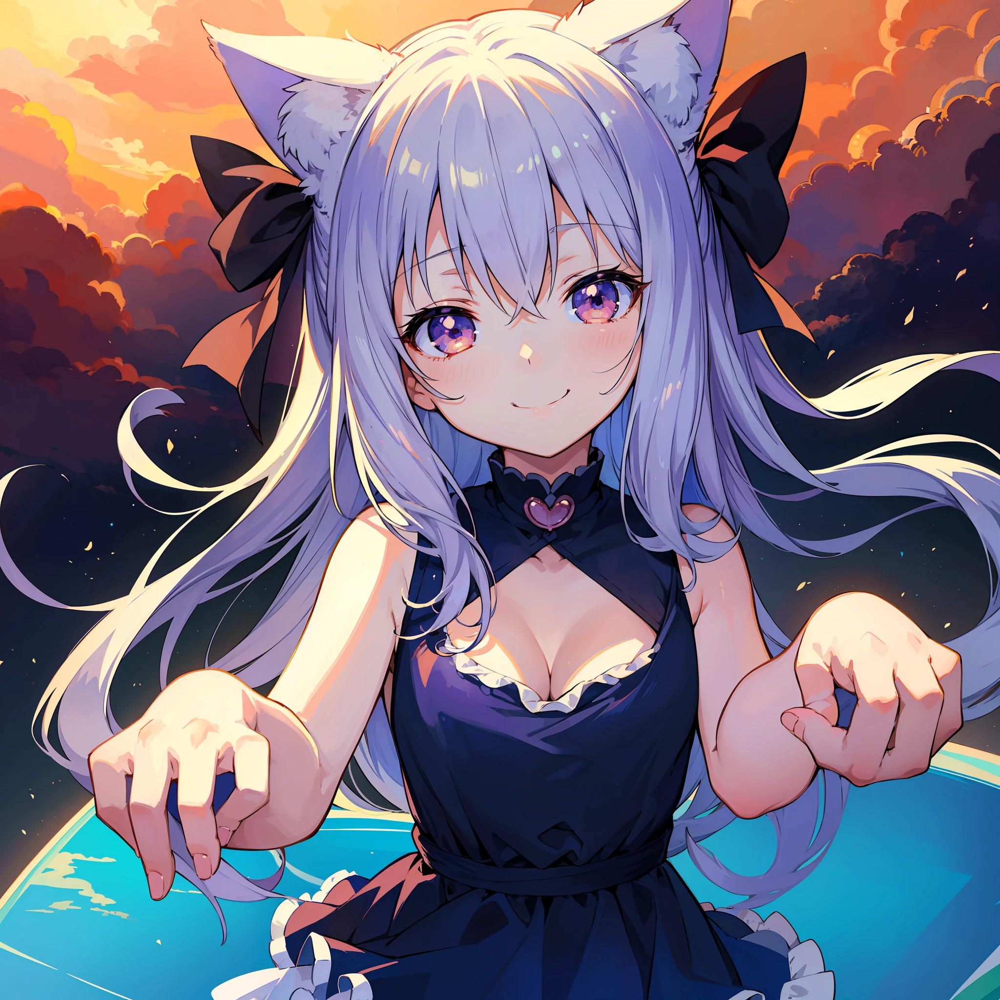 (MASTERPIECE)、(Top quality anime illustrations)、(ultra definition)、girl 1 person、(solo)、Beautiful girl with silver hair、Anime Loli、Cat eared loli、Little Devil Girl、seethrough、Sleeveless、a smiling look、Cleavage emphasis、Lower milk emphasis、thights、Little devil loli、Official Art