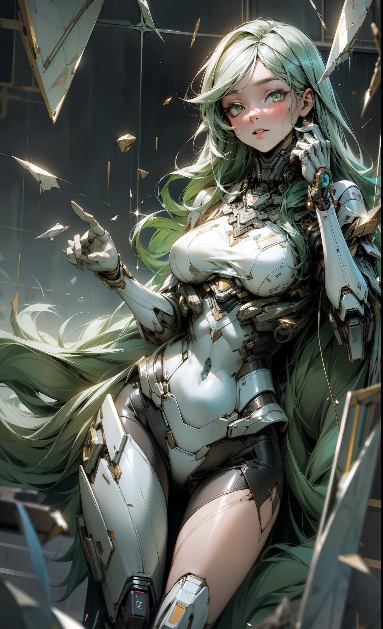 Best quality, masterpiece, highres, broken shards of glass, reflective, glitter, cool egdy, woman, long hair, sexy, intricate, cinematic, macha, robotic, futuristic, advanced, perfect female anatomy