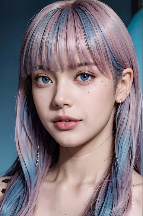 Best quality, masterpiece, super high resolution, multicolored hair (((blue and pink hair))), long hair, two moles under the eye...