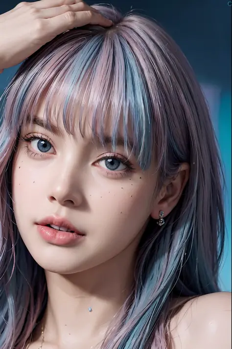 Best quality, masterpiece, super high resolution, multicolored hair (((blue and pink hair))), long hair, two moles under the eye...