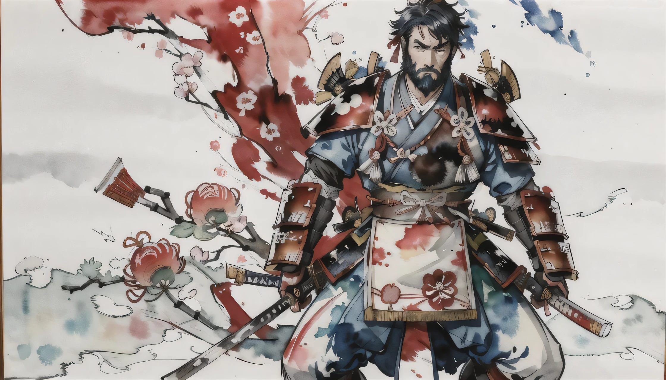 Kentaro Miura, 2d, shukezouma, ((dynanic pose)), fighting, warrior, ink painting, shuimobysim , bamboo, ((nature)), (negative space), clean background, ((watercolor)), on (((parchment))), ancient, far shot, masculine, ancient china art, hanfu, beard, man, ((drawing katana)), katana, sword, ((wearing Japanese samurai armor)), blue and green ink,