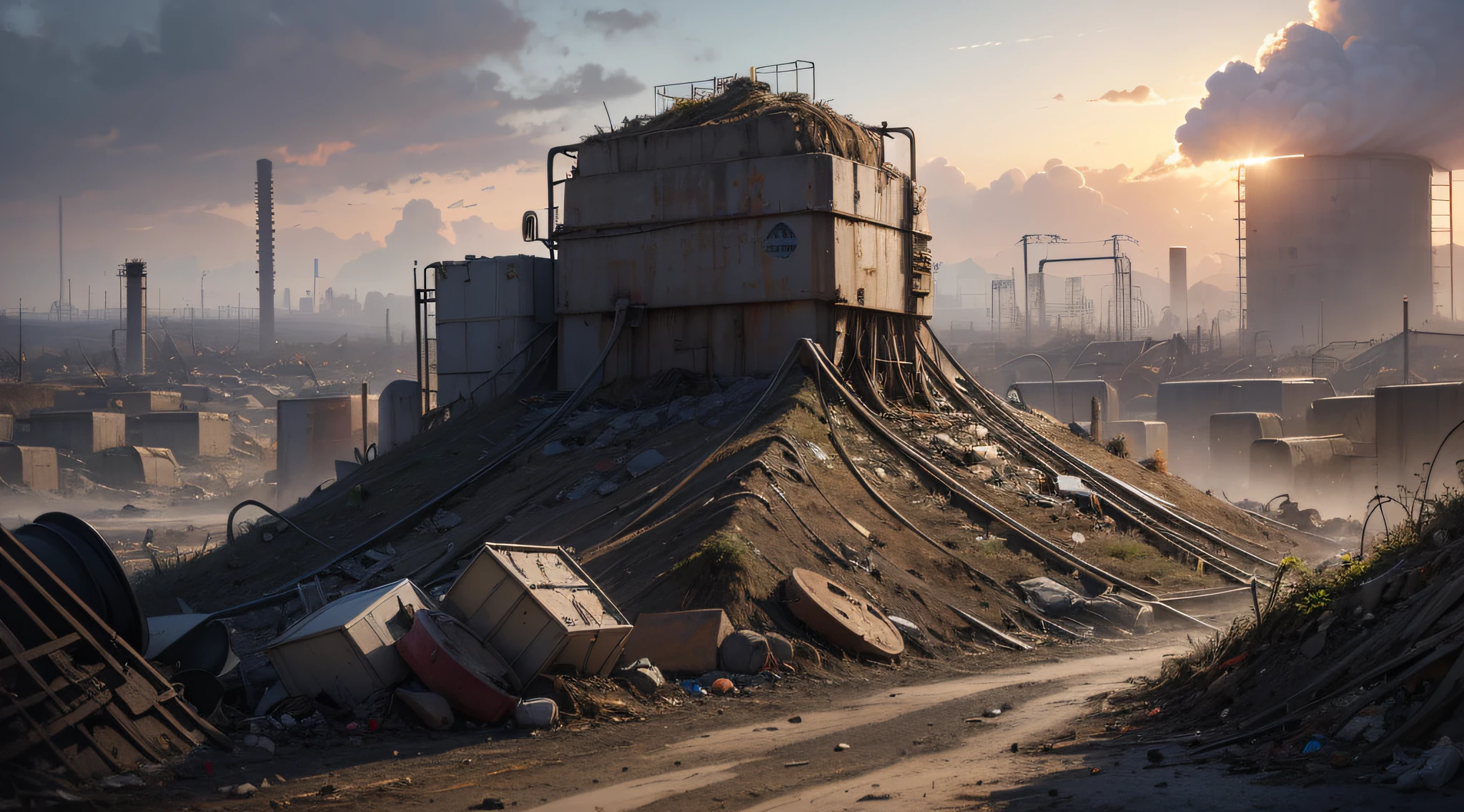 harmful substances such as pesticides, heavy metals, and industrial waste into the soil, garbage heap, the focus is on standing on the garbage, big scene, concept original art style, wasteland style, 16k, no signature, 8 k, ultra detailed, award winning, (intricate details), (hyperdetailed), 8k hdr, no people, no text