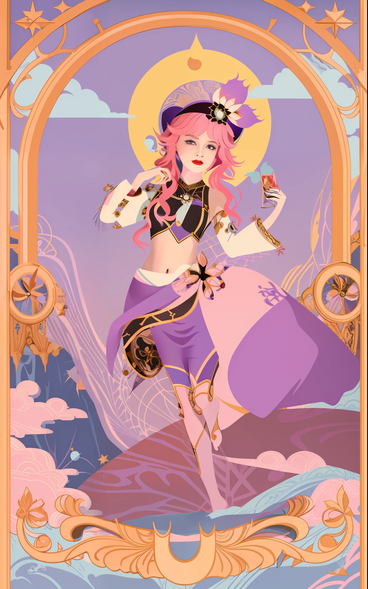 Girl in purple outfit and pink hat holding flower, full-length portrait, [tarot card]!!!!!,, non-binary spring deity, Art Nouveau anime, official art, fantasy anime, magical girl style, official fan art, detailed fan art, Framed anime character with starry sky background, Art Nouveau anime space display, official fan art like tarot card, [tarot card]!!!!!,  Jen Barthel, Celestial Witch, Secret Art Style, Beautiful Celestial Mage, Goddess of Space and Time, Official Art, Star Tarot Card, Art Nouveau Anime, Card Design, Dori (genshin impact), Fool, Fool Card, Slime, Clouds Curls, Flat, Mountains, Palace, Cliff, Flat, Sun, Girl Runs, Rough Shadows