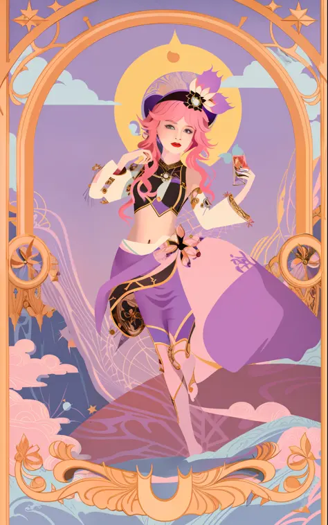 Girl in purple outfit and pink hat holding flower, full-length portrait, [tarot card]!!!!!,, non-binary spring deity, Art Nouvea...