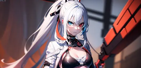 (burning city in the background:1.2), blurry background, looking forward full body, silver hair, long ponytail, white jacket ope...