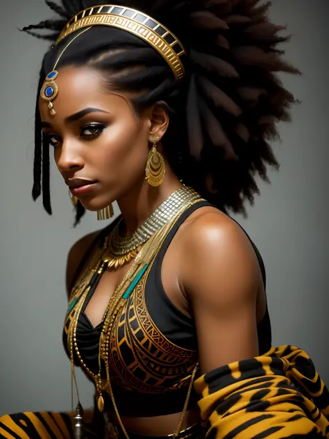 award-winning full body photo of,Araffe woman with dreads and a tiger print outfit, stunning african princess, black african pri...