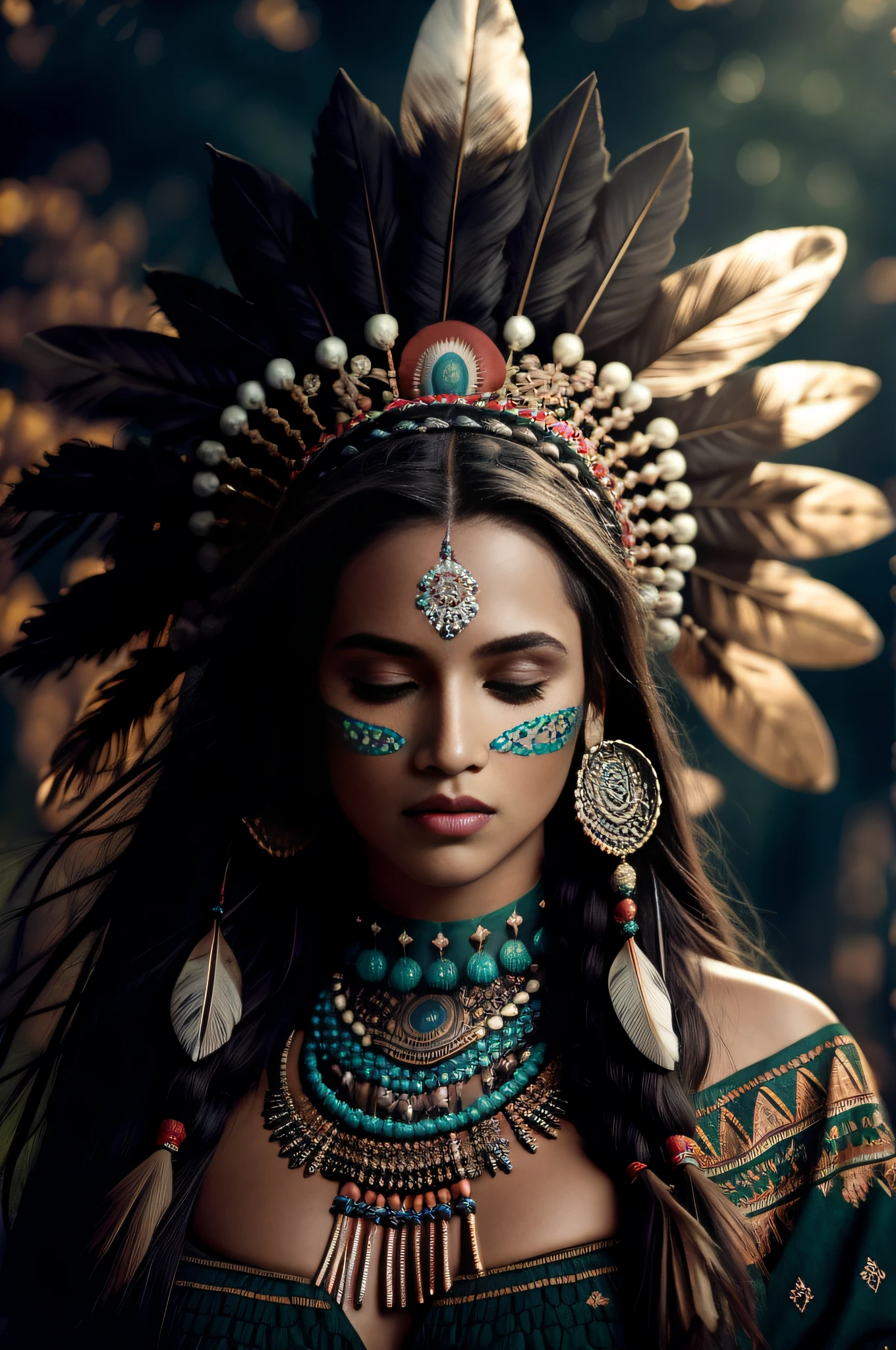 (full portrait), (half shot), solo, detailed background, detailed face, (stonepunkAI, stone theme:1.1), wise, (female), (native american), (beautiful hair, braids:0.2), shaman, septum piercing, mystical, (gorgeous face), stunning, head tilted upwards, (eyes closed, serene expression), calm, meditating, Seafoam Green frayed clothes, prayer beads, tribal jewelry, feathers in hair, headdress:0.33, jade, obsidian, detailed clothing, cleavage, realistic skin texture, (floating particles, water swirling, embers, ritual, whirlwind, wind:1.2), sharp focus, volumetric lighting, good highlights, good shading, subsurface scattering, intricate, highly detailed, ((cinematic)), dramatic, (highest quality, award winning, masterpiece:1.5), (photorealistic:1.5), (intricate symmetrical warpaint:0.5),