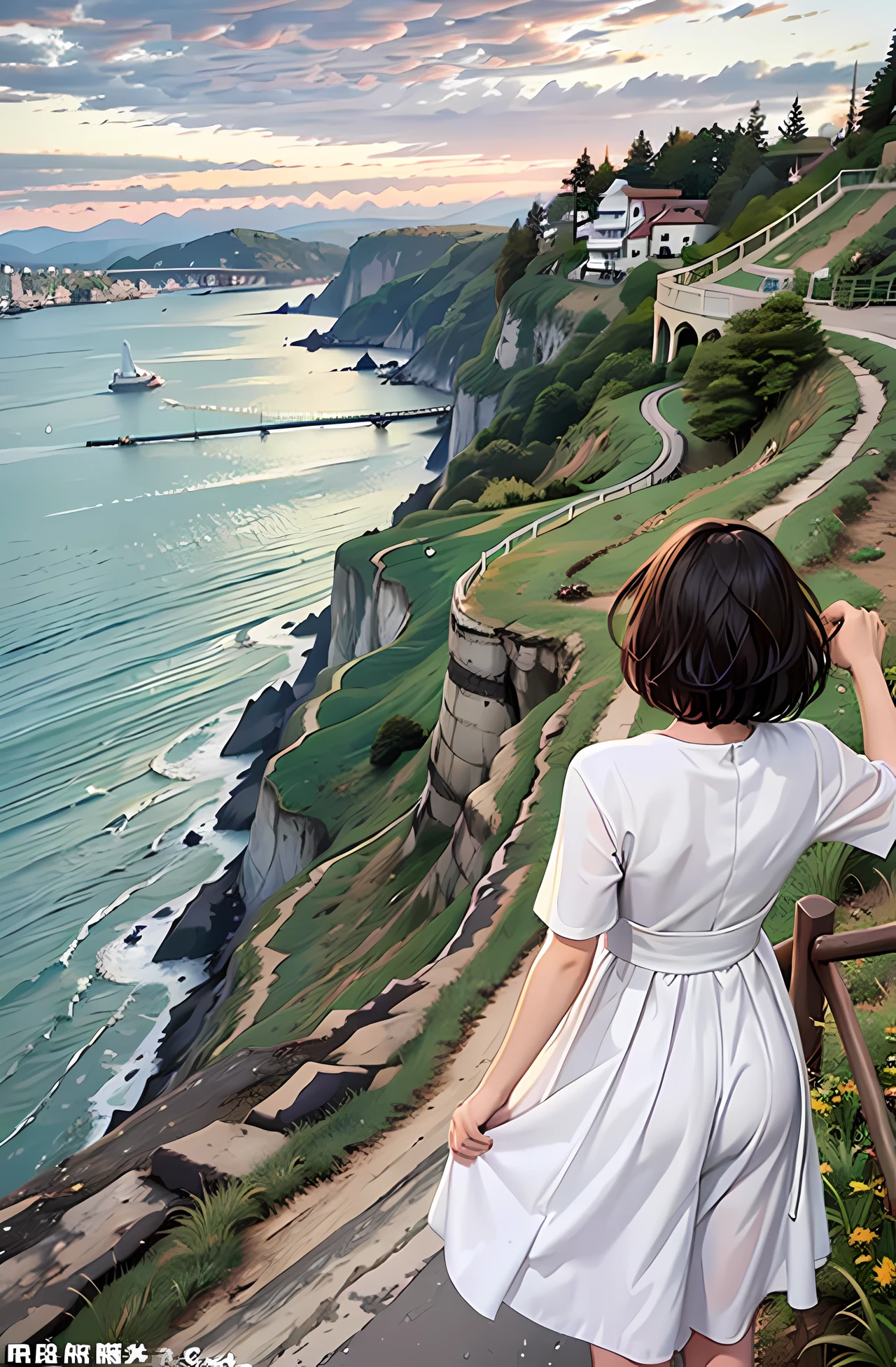 a woman solo of a young woman with short black hair, wearing a red hood and green sweatshirt, standing at the edge of a cliff looking out at the water at the water, The woman has black hair and blue eyes, The woman is wearing a flowing white dress, The girl has dark brown hair and her eyes closed, She is wearing a flowing white dress, One of the other is blowing in the air, The couple is bent and her hands, The girl is behind her, and her