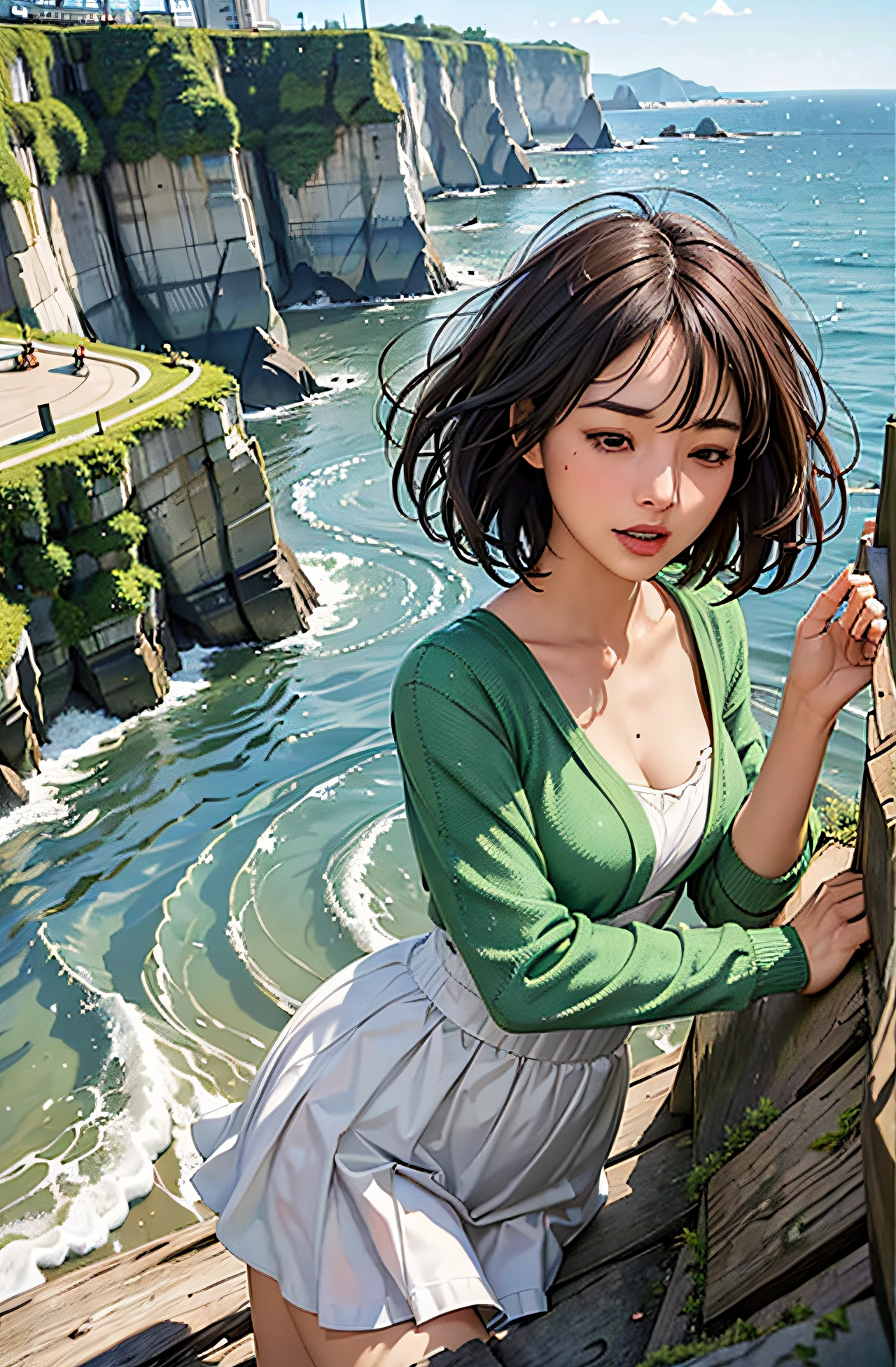 a woman solo of a young woman with short black hair, wearing a red hood and green sweatshirt, standing at the edge of a cliff looking out at the water at the water, The woman has black hair and blue eyes, The woman is wearing a flowing white dress, The girl has dark brown hair and her eyes closed, She is wearing a flowing white dress, One of the other is blowing in the air, The couple is bent and her hands, The girl is behind her, and her