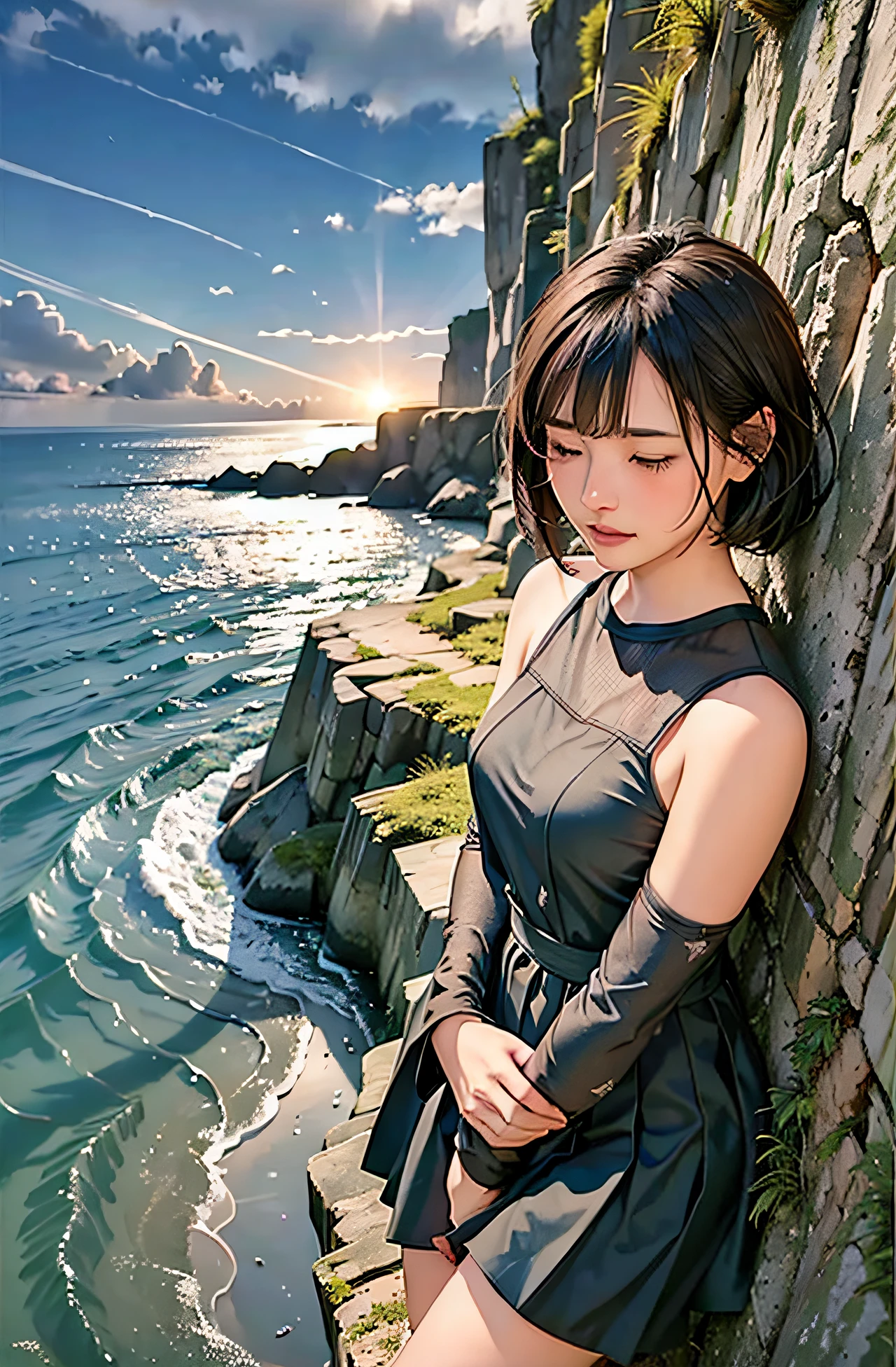 a woman solo of a young woman with short black hair, wearing a red hood and green sweatshirt, standing at the edge of a cliff looking out at the water at the water, The woman has black hair and blue eyes, The woman is wearing a flowing white dress, The girl has dark brown hair and her eyes closed, She is wearing a flowing white dress, One of the other is blowing in the air, The couple is bent and her hands, The girl is behind her, and her