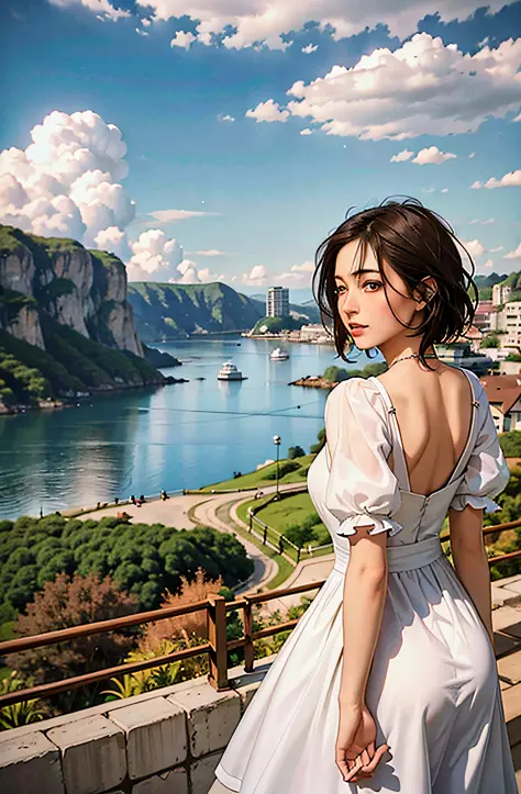 a woman solo of a young woman with short black hair, wearing a red hood and green sweatshirt, standing at the edge of a cliff looking out at the water at the water, The woman has black hair and blue eyes, The woman is wearing a flowing white dress, The gir...