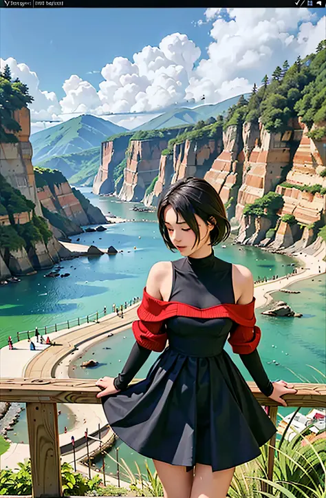 a woman solo of a young woman with short black hair, wearing a red hood and green sweatshirt, standing at the edge of a cliff lo...