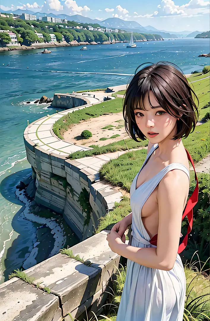 a woman solo of a young woman with short black hair, wearing a red hood and green sweatshirt, standing at the edge of a cliff looking out at the water at the water, The woman has black hair and blue eyes, The woman is wearing a flowing white dress, The gir...