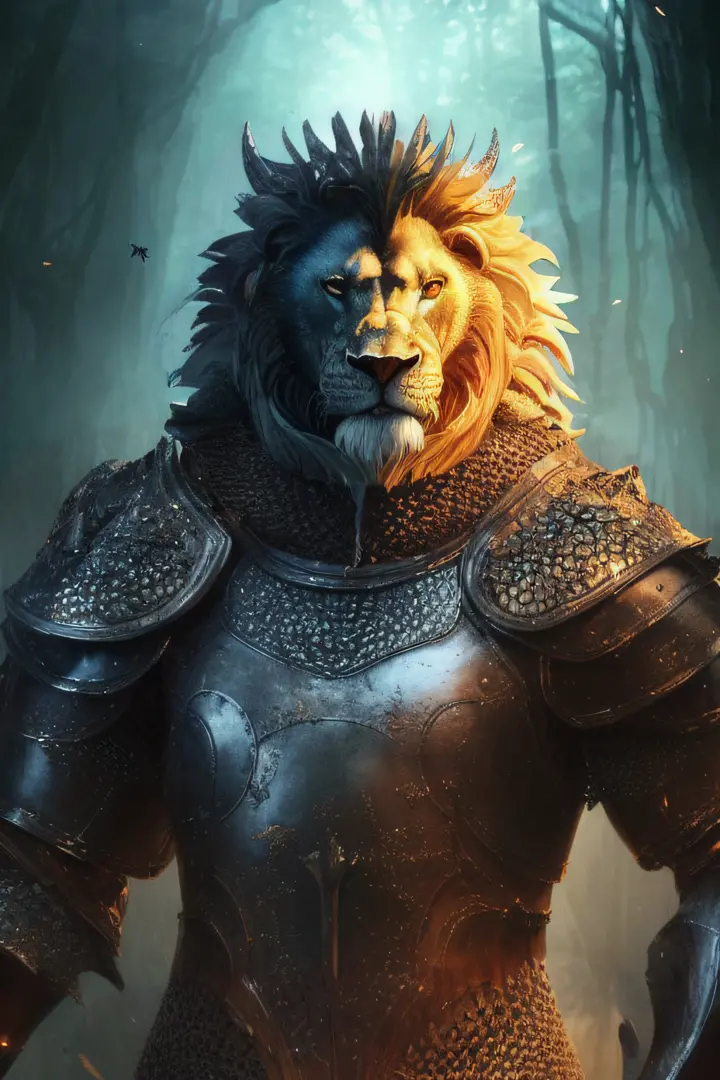 close-up head, facing camera, realistic digital painting portrait of a male humanoid lion, (Dungeon and Dragon:1.3), magical dark and green universe, (grey metal plate armor:1.5),  (kite shield:1.8),(abstract background:1.2), (light particle:1.1), (very de...