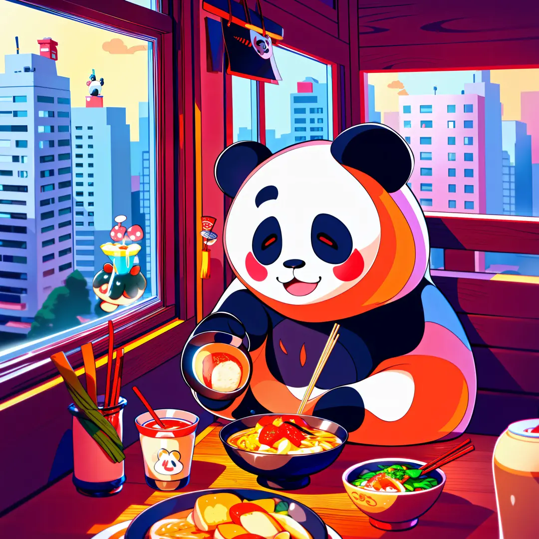 adorable panda eating ramen with chop sticks in front of window, outside of window is a busy city, pixar style, 4k, lots of food...