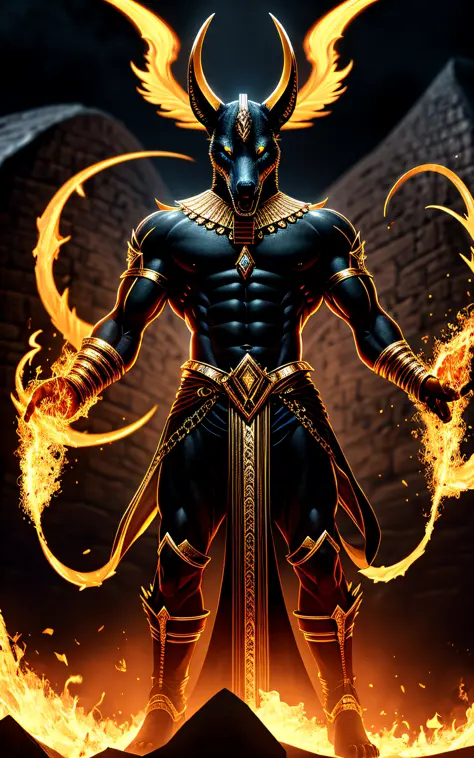 (high quality), photorealistic, 
jewelry, (solo),
(dynamic pose), towards right, ((hell gate)), fire, hell landscape, (the underworld), (dark landscape),
anubis, egyptian jackal headed god, anthro, muscular, (holding golden scales), dynamic pose, cinematic...