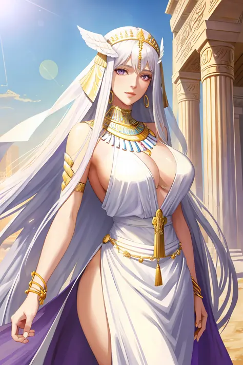 (masterpiece, best quality), 1girl, mature female, breasts, long white hair, white clothes, bare shoulder, egypt clothes, purple eyes, light smile, tall figure, hair ornament, necklace, jewelry, divine, godlike, goddess, immortal, cowboy shot, detailed bac...