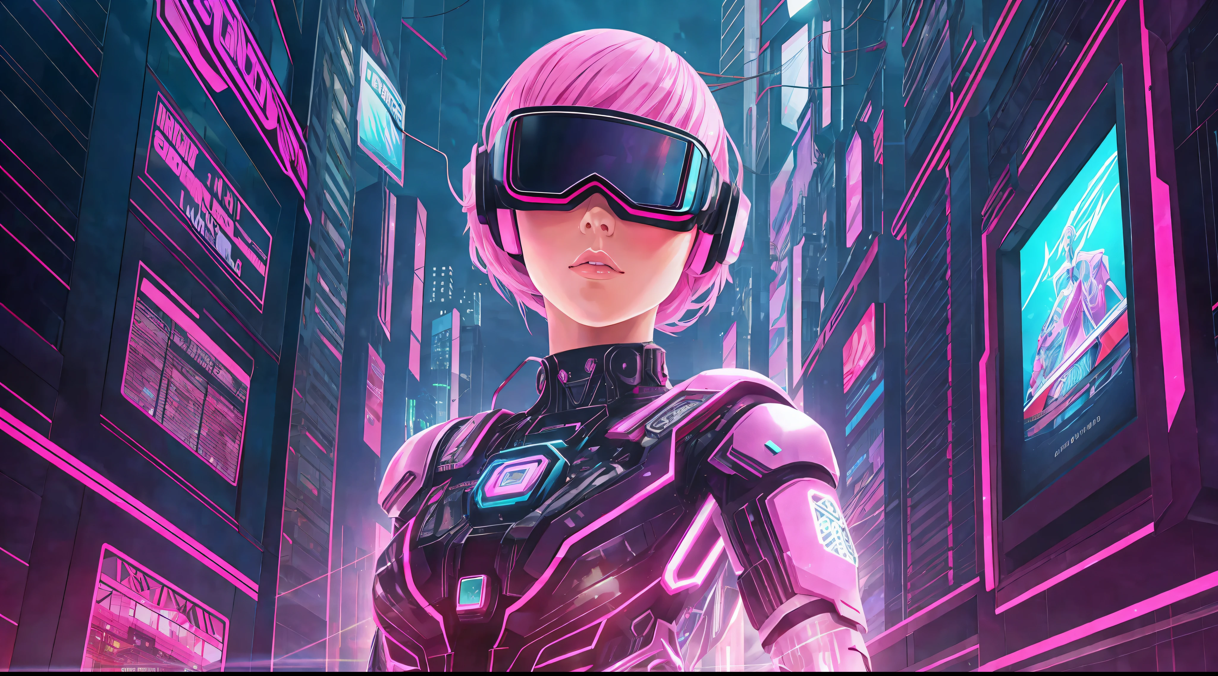 She stood out from the crowd with her pink-dyed hair and a pair of virtual reality glasses that glowed in green neon. Her delicate face was accentuated by an elegant painting of cybernetic makeup, e ela parecia estar imersa no mundo virtual a sua frente.

Ao redor dela, The world seemed on fire with smoky neons emanating a dazzling light that seemed to guide its way. She was at the center of a cyberpunk scene full of tall buildings and hanging electrical wires, giving the impression that she was a cyber warrior ready to take control.

Com todos os olhos voltados para ela, She walked confidently through the dark alleys, pronta para enfrentar qualquer desafio digital que aparecesse em seu caminho. She was the embodiment of digital freedom, A true cybernetic queen. --auto --s2