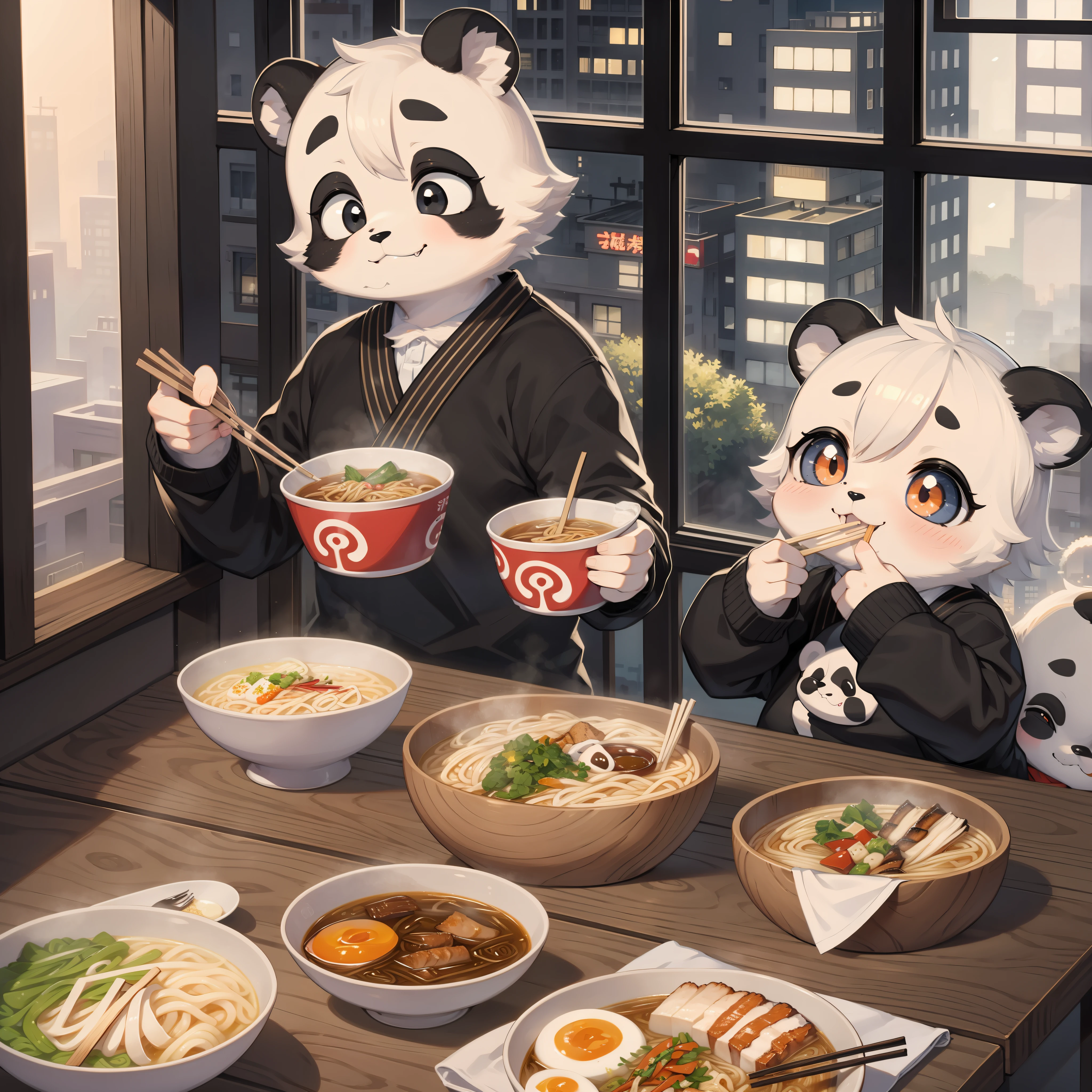 Adorable panda eating ramen with chop sticks in front of window, outside of window is a busy city, Pixar style, 4k, lots of food on his table, the panda is smiling with cute fangs