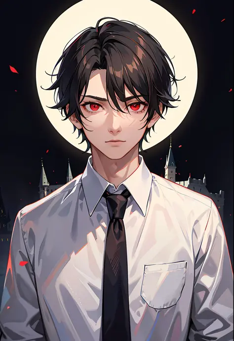 masterpiece, 1boy, black hair, short hair, red eyes, Glowing eyes, white shirt, Upper body, portrait, Gloomy Castle