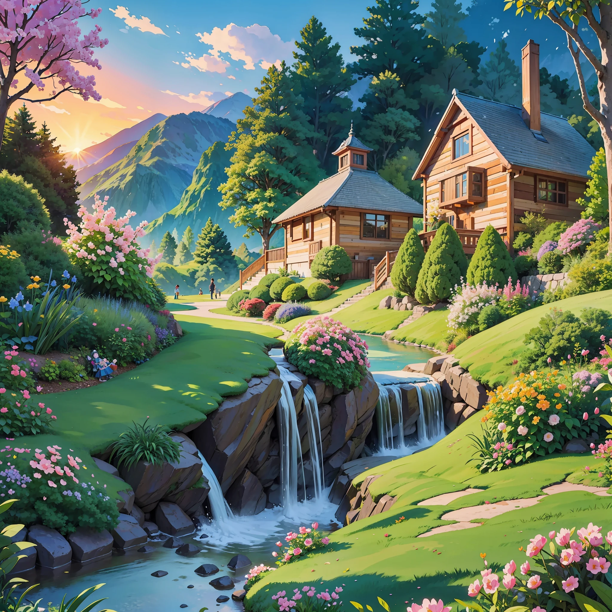 Illustration of mountain dwellings, waterfalls in the backyard, a beautiful brick trail lead to a beautiful flowering garden, children play at sunny dusk in a beautiful grassy garden, amazing snows, birds draw the skies