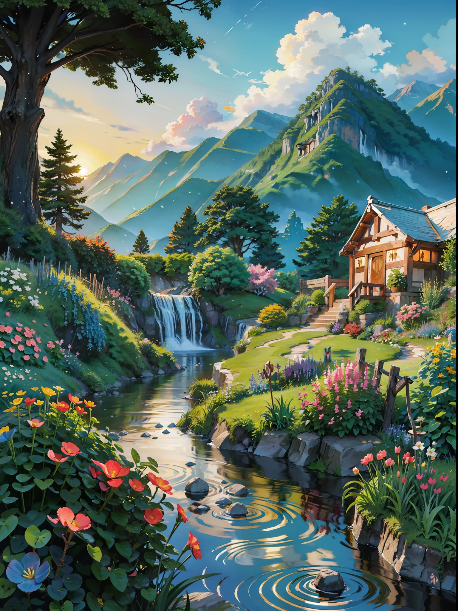 Ilustração de moradias nas montanhas, cachoeiras no quintal, uma bela trilha de tijolos leva a um lindo jardim florido, crianças brincam ao anoitecer ensolarado em um lindo jardim gramado, neves incríveis, pássaros desenham os céus