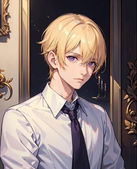 masterpiece, 1boy, blonde Hair, short hair, purple eyes, eyes, white shirt, blood, Upper body, portrait, Gloomy Castle