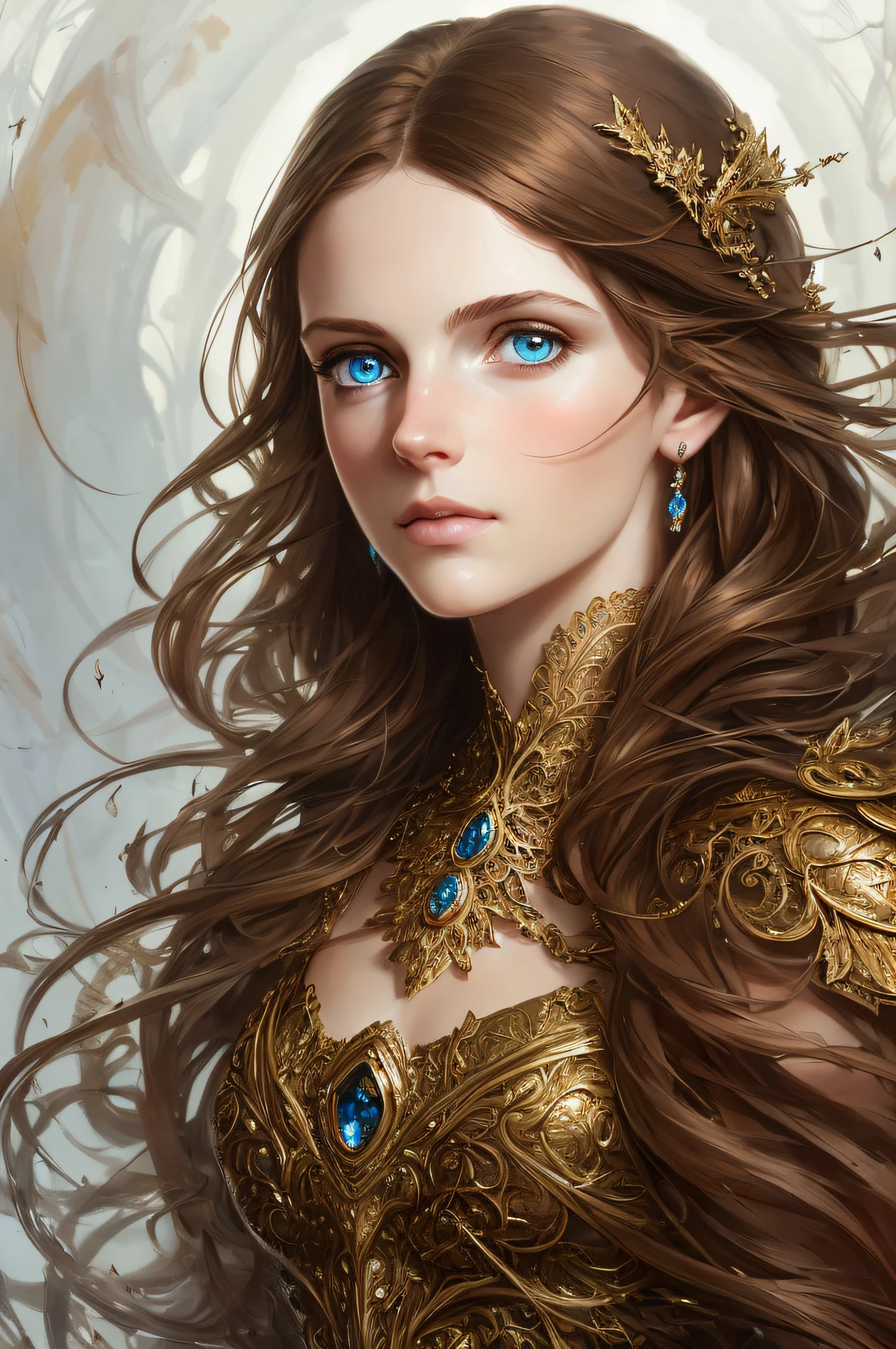 8k portrait of beautiful girl with brown hair, intricate, elegant, highly detailed, majestic, digital photography, art by artgerm and ruan jia and greg rutkowski surreal painting filigree, broken glass, (masterpiece, sidelighting, finely detailed beautiful eyes: 1.2), hdr, pov, crystal blue eyes