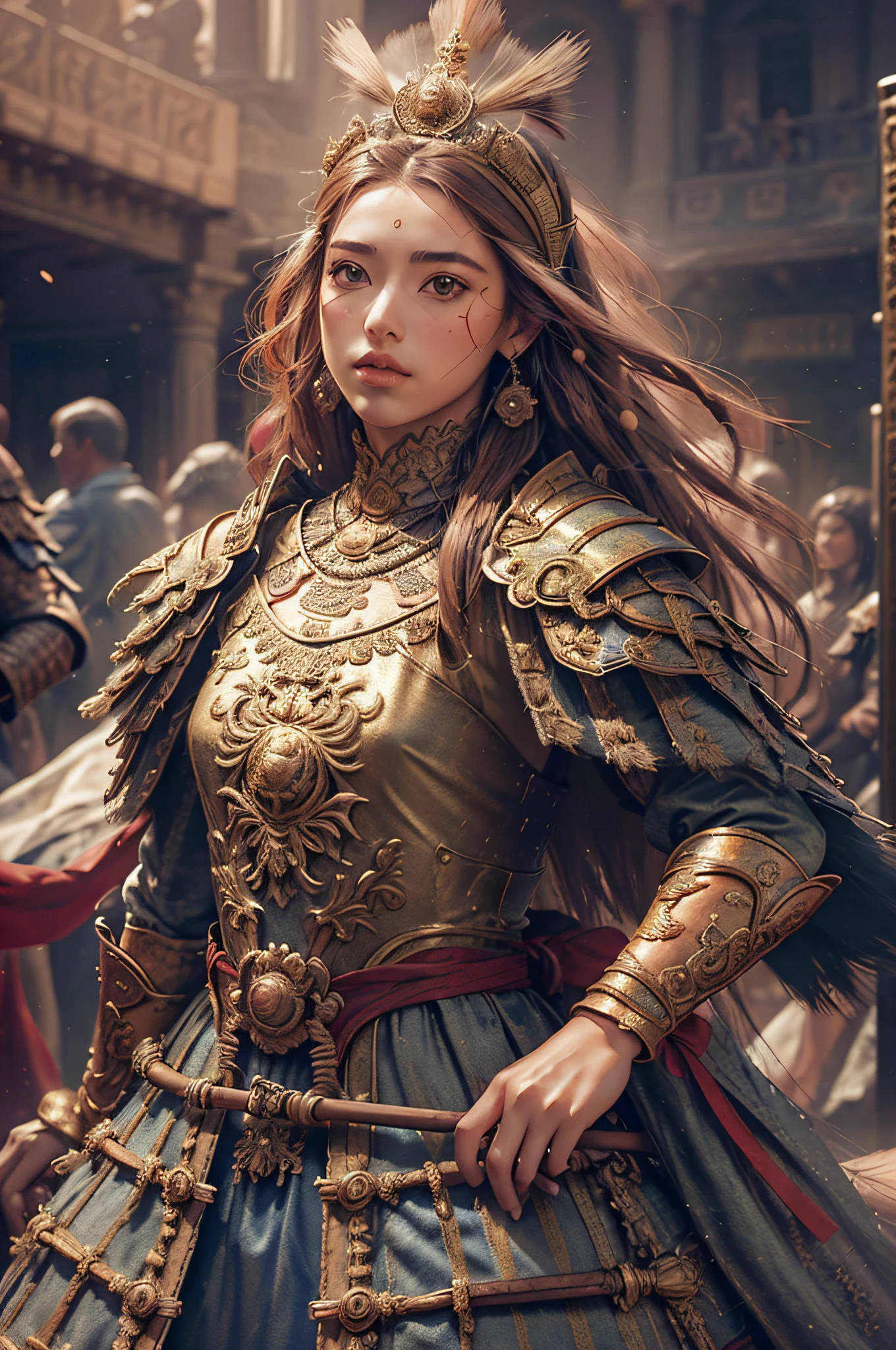 ((Work-before))), ((best qualityer))), ((ultra detali)), (hyperrealisti), (highly detailed CG illustration), cinematic lighti, photorrealistic, extremely beautiful young lady, (beautiful face and lips), blackquality hair, light-makeup, large breasted, Yay intricate detailed, red cloak, spear, Trend at Artstation.