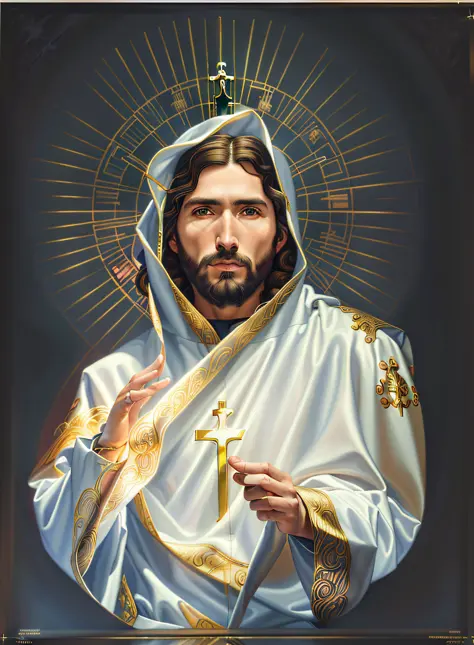 uma pintura de jesus segurando uma cruz e um livro, cyberpunk jesus cristo, jesus of nazareth, retrato de jesus cristo, catholic...