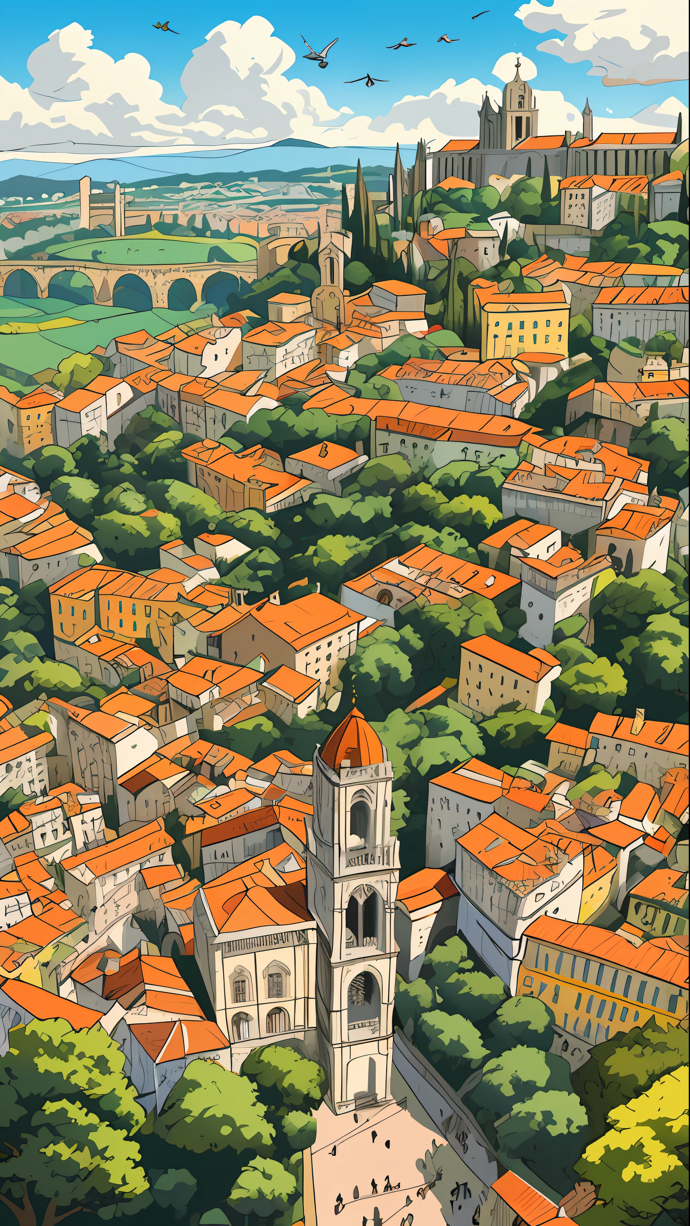 Chaotisches maximalistisches Universitätsgebäude von Coimbra, Coit-Turm, Panoramablick und fliegende Gastlis, illustriert von Hergé, lata, Zeichenstil mit Feder und Tinte