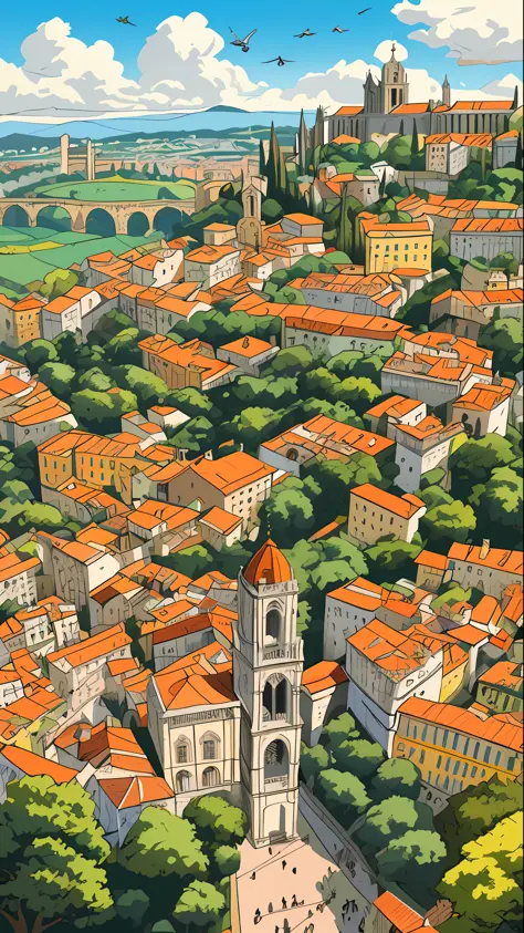 Chaotic maximalist University of Coimbra coit tower, Panoramic view and flying gastlis, ilustrada por Herg, lata, estilo de quad...