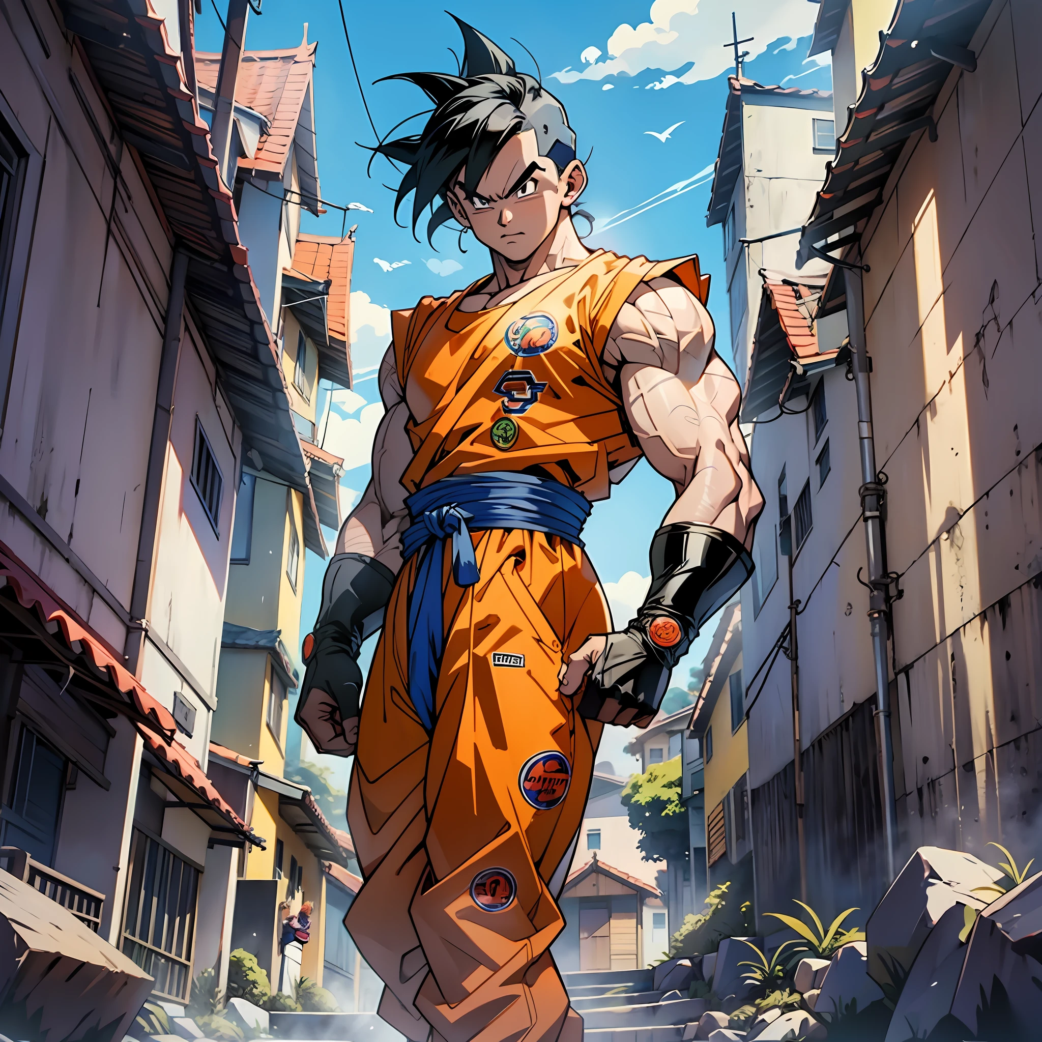 Dragon Ball Goku in einer Straße mit Gebäuden und einem Himmelshintergrund  - SeaArt AI