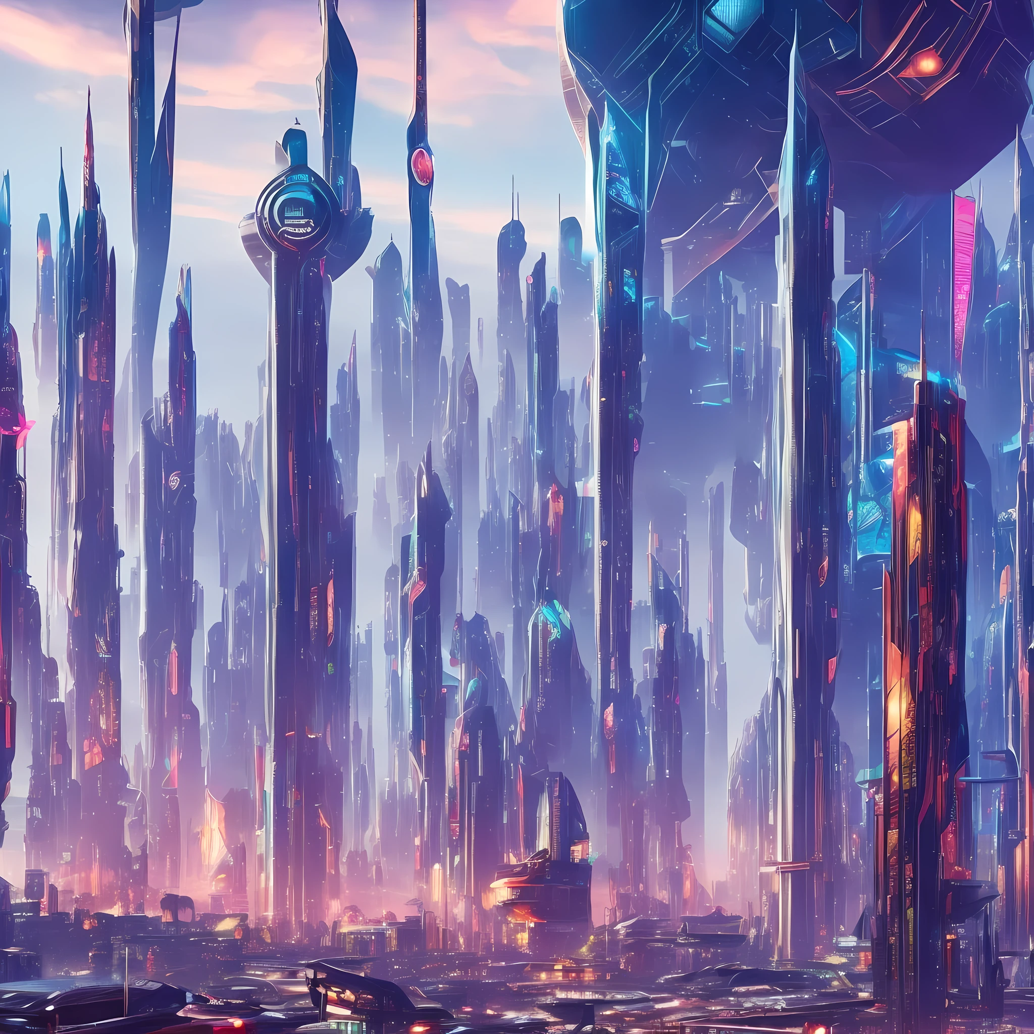 futuristic city with futuristic spaceships and futuristic buildings in the background, in a futuristic cyberpunk city, futuristic cityscape, futuristic cyberpunk city, cyberpunk dreamscape, in fantasy sci - fi city, cyberpunk cityscape, futuristic cityscape, arstation and beeple highly, futuristic city backdrop, beautiful cyberpunk city, futuristic art style, cyberpunk city, futuristic cyberpunk scenario，A mechanical shaman holding a King's drum.Prayer flags of all colors flutter --auto --s2